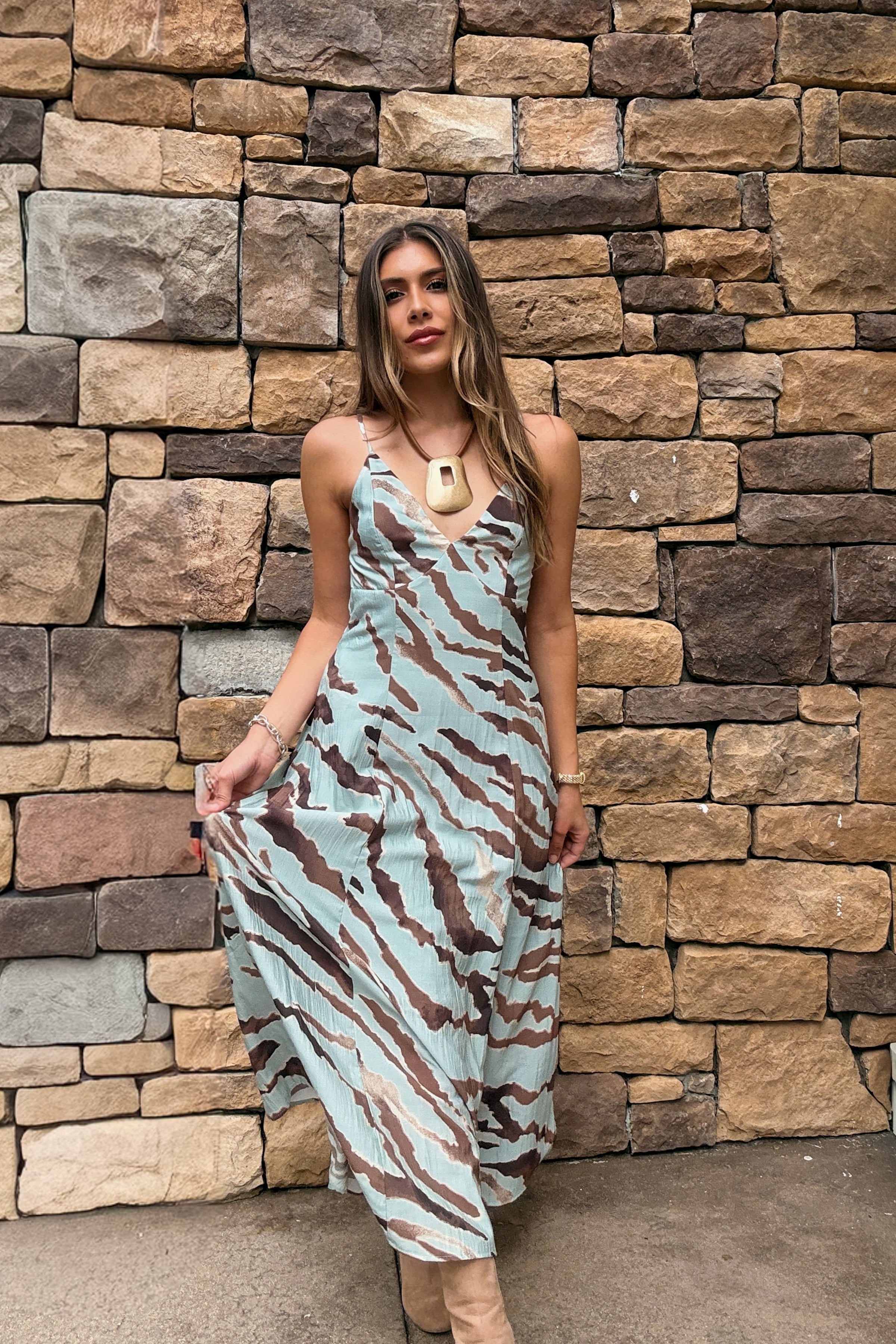 maxi autumn dresses Blue and Brown Animal Print Maxi Dress