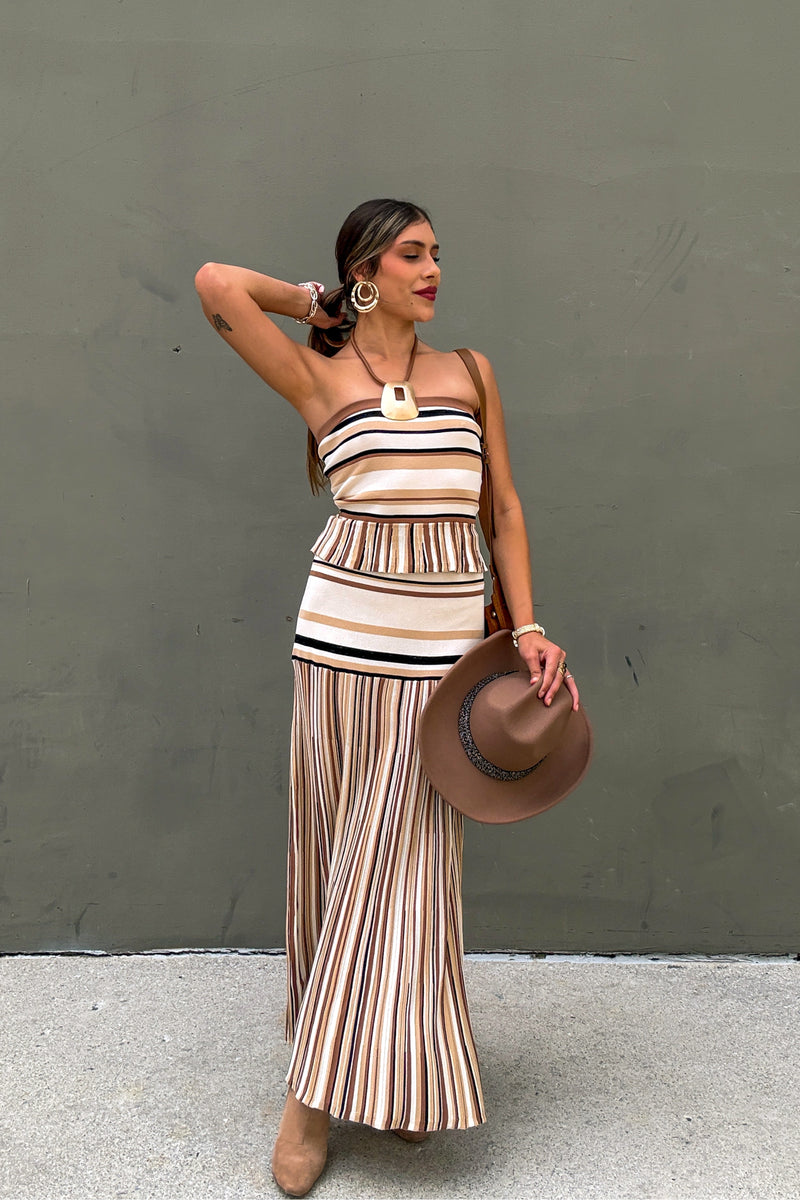 Brown Multi Stripe Knit Top and Skirt Set