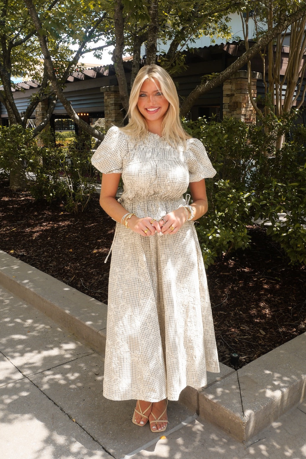 Neutral Plaid Embroidered Floral Top and Midi Skirt Set