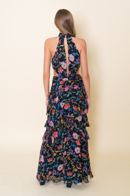 Black Floral Print Tiered Ruffle Maxi Dress