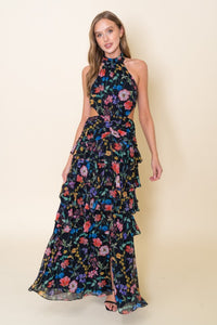 Black Floral Print Tiered Ruffle Maxi Dress