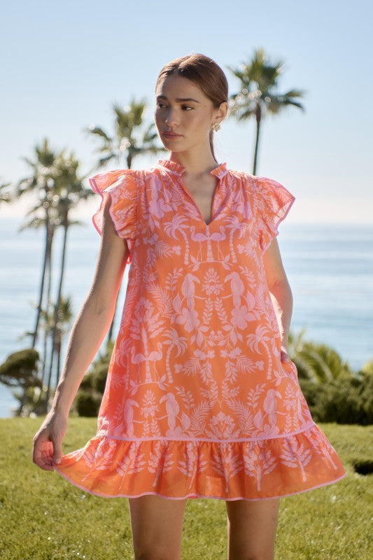 Orange Patterned Ruffle Hem Mini Dress - Kendry Collection Boutique