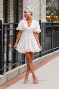 Cream Floral Bubble Hem Mini Dress