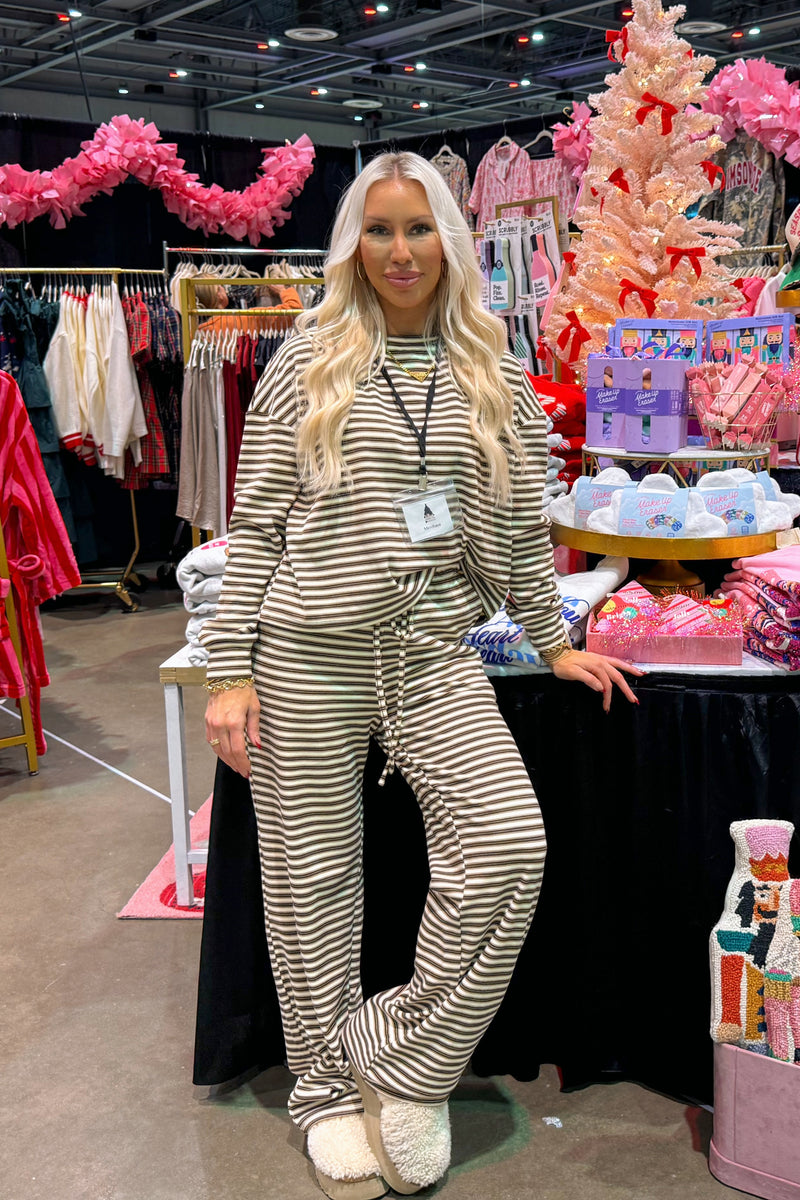 Brown and Cream Striped Long Sleeve Top and Pants Set