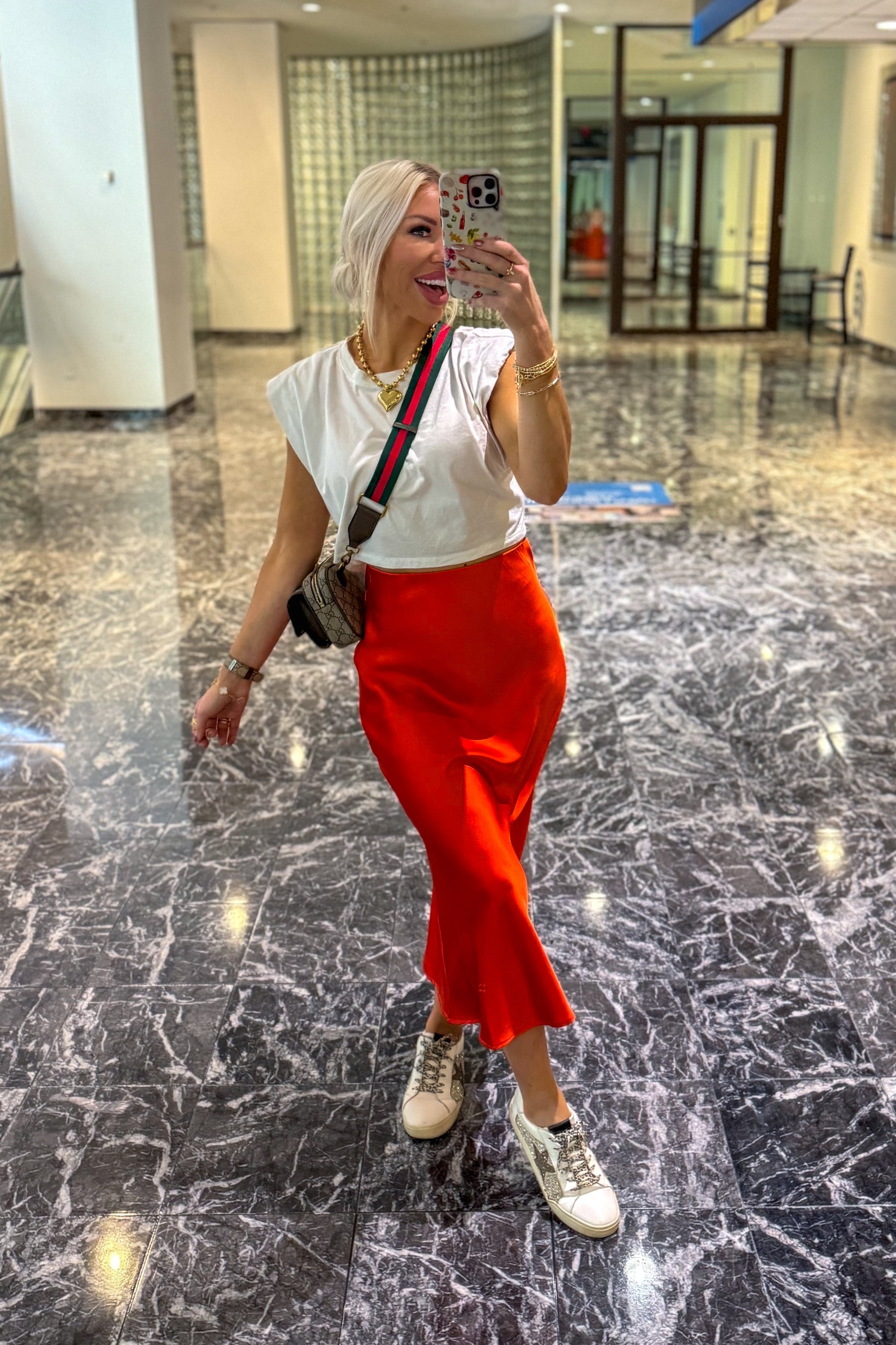 Tomato Red Satin Midi Skirt
