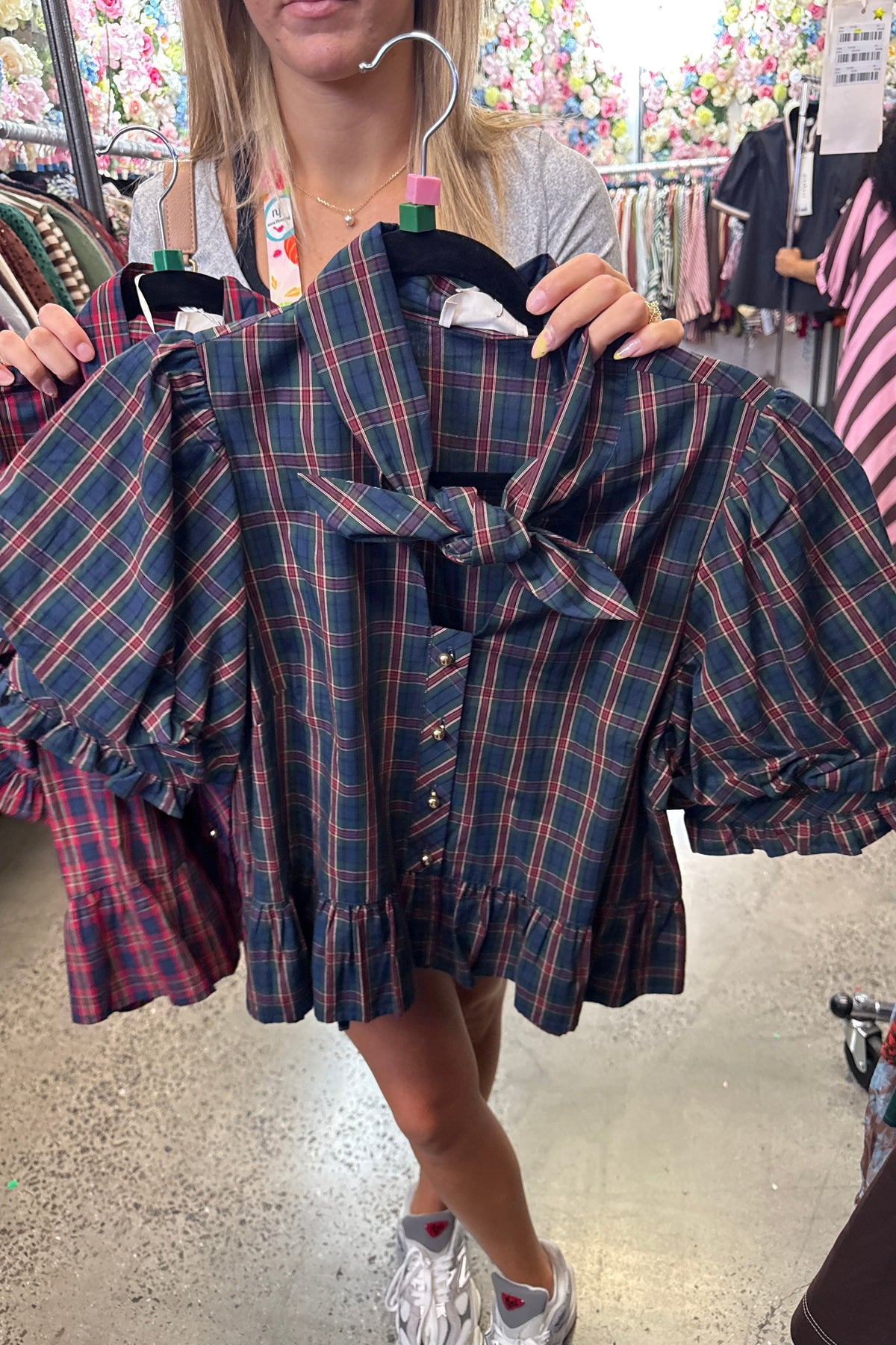 Navy and Green Plaid Keyhole Bow Neck Puff Sleeve Blouse