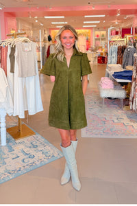 Olive Green Faux Suede Collared Front Pleat Mini Dress