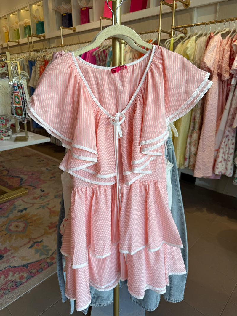 Pink and White Striped Dress With Ruffle Sleeves