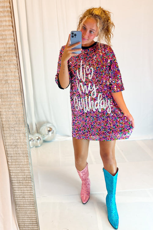 It's My Birthday Sequin T-Shirt Dress