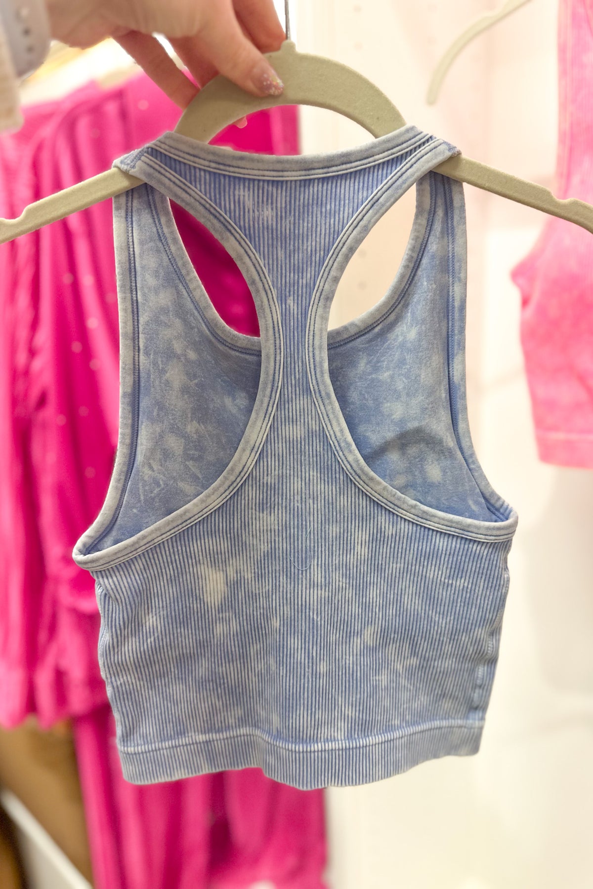 Sky Blue Acid Wash Racer Back Ribbed Tank Top