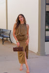 Olive Green Ruched Satin Midi Dress