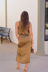 Olive Green Ruched Satin Midi Dress