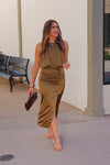 Olive Green Ruched Satin Midi Dress