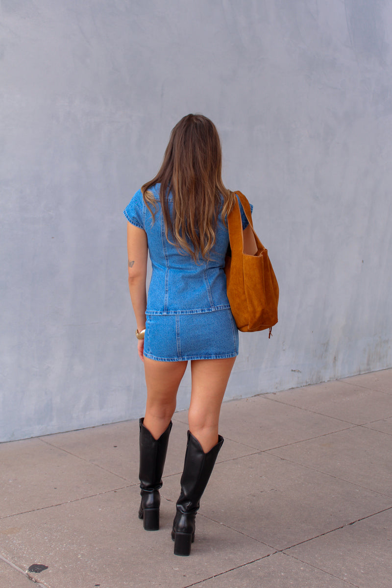 Denim Short Sleeve Top and Mini Skirt Set