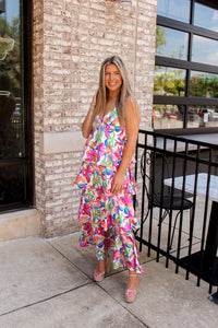 Flower Power Satin Tiered Maxi Dress
