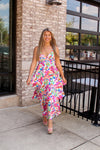 Flower Power Satin Tiered Maxi Dress