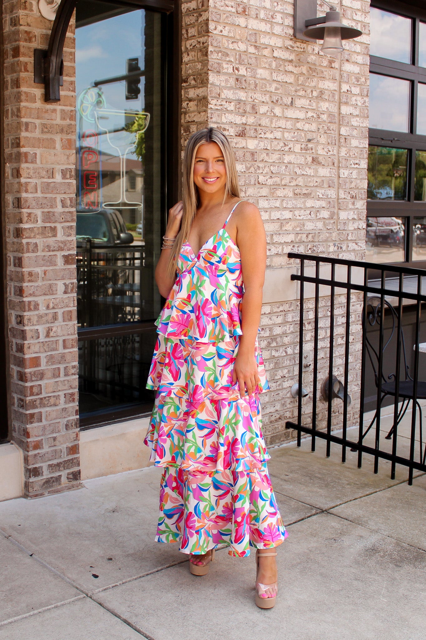 satin tiered dress Emerald Sundae Strapless Tiered Satin Dress at Dry Goods
