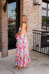 Flower Power Satin Tiered Maxi Dress