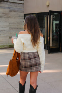 Ivory Off The Shoulder Button Down Sweater