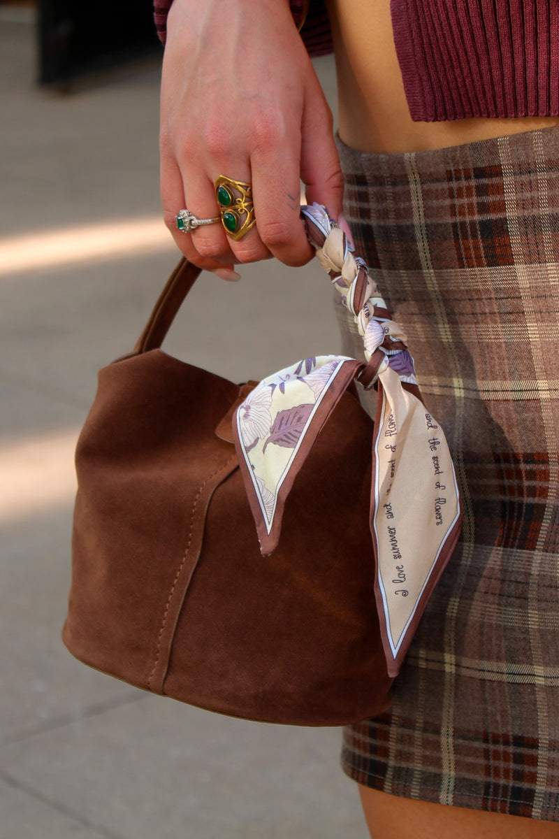 Bethany Dark Brown Mini Suede Bucket Bag With Purse Scarf