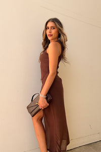 Brown Mesh Sleeveless Maxi Dress