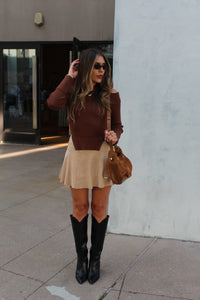 Beiges Suede Flared Mini Skort