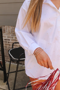 Boyfriend White Rhinestone Button Up Shirt