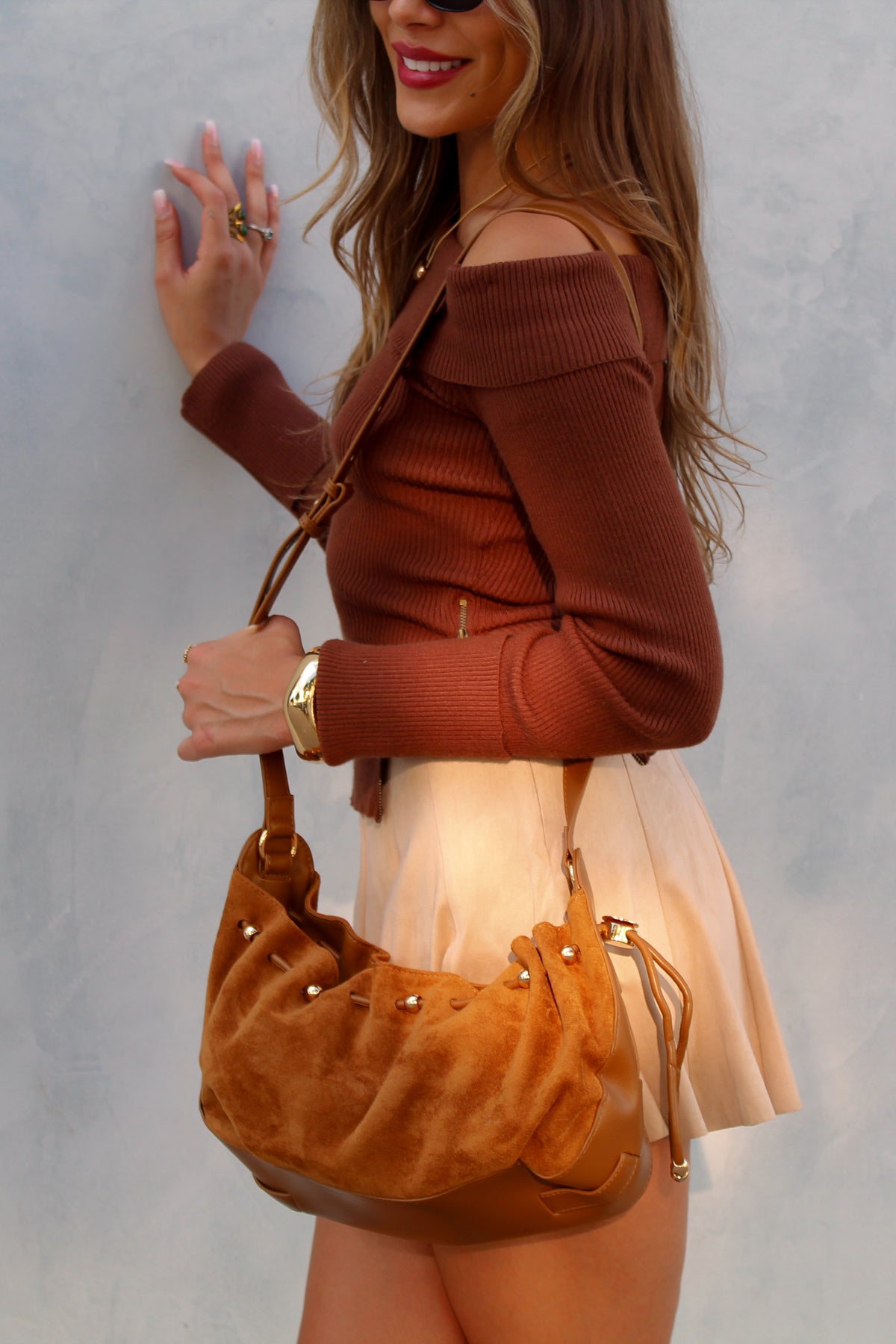 Ophelia Tan Suede Shoulder Bag