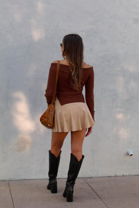 Beiges Suede Flared Mini Skort