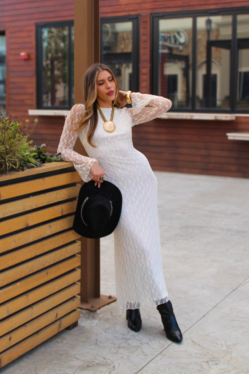 Ivory Lace Overlay Long Sleeve Maxi Dress