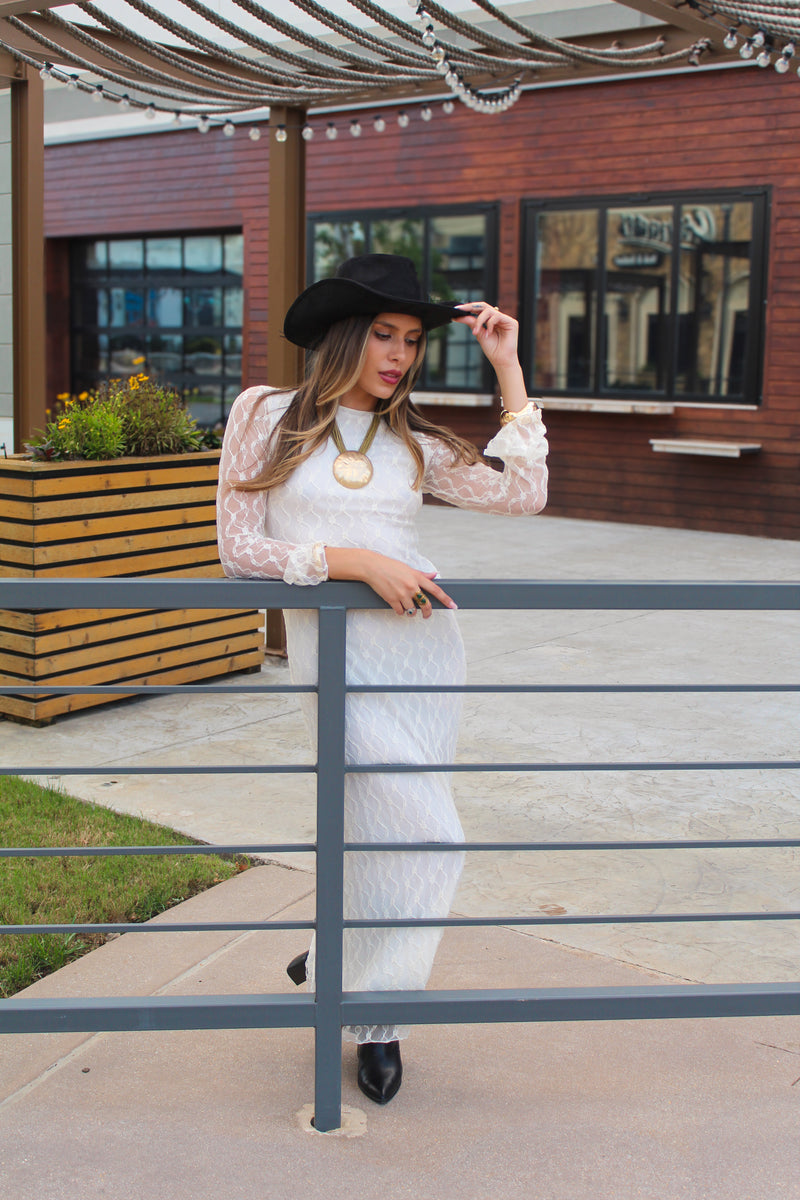 Ivory Lace Overlay Long Sleeve Maxi Dress