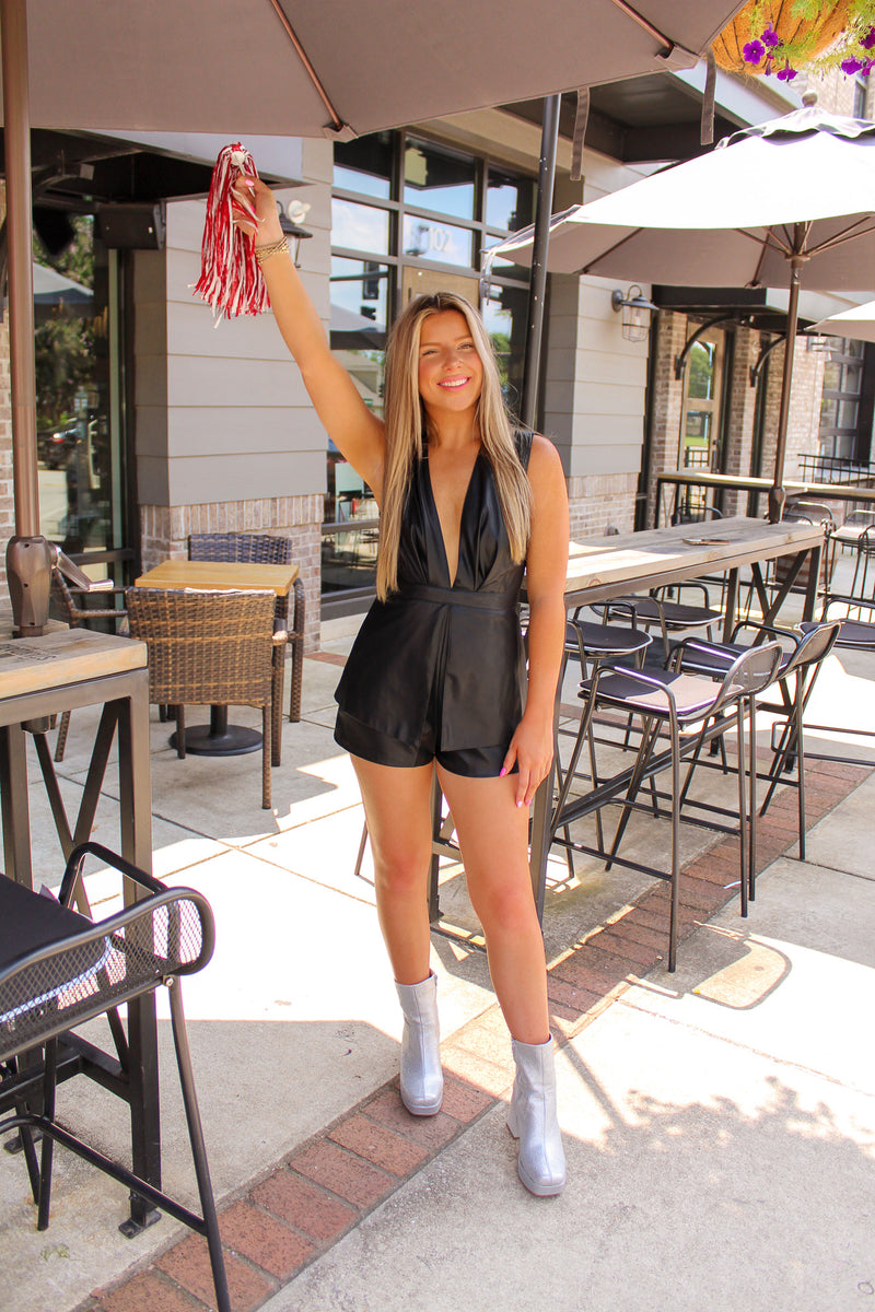 Black Faux Leather Deep V-Neck Sleeveless Romper