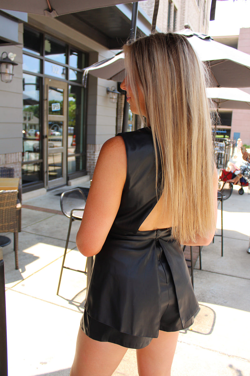 Black Faux Leather Deep V-Neck Sleeveless Romper