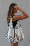 Silver Metallic Slouchy Hobo Bag With Black Front Pockets