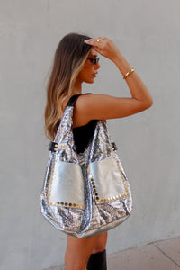 Silver Metallic Slouchy Hobo Bag With Black Front Pockets