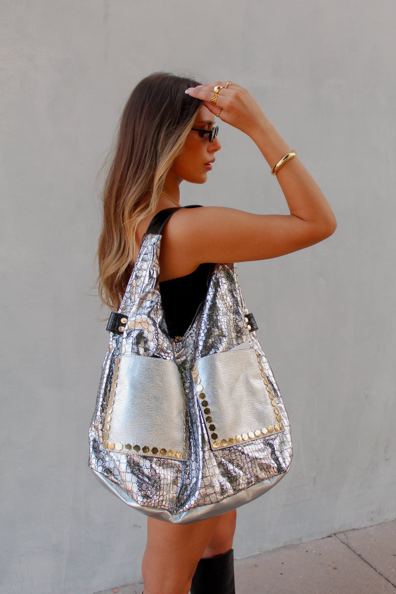 Silver Metallic Slouchy Hobo Bag With Black Front Pockets
