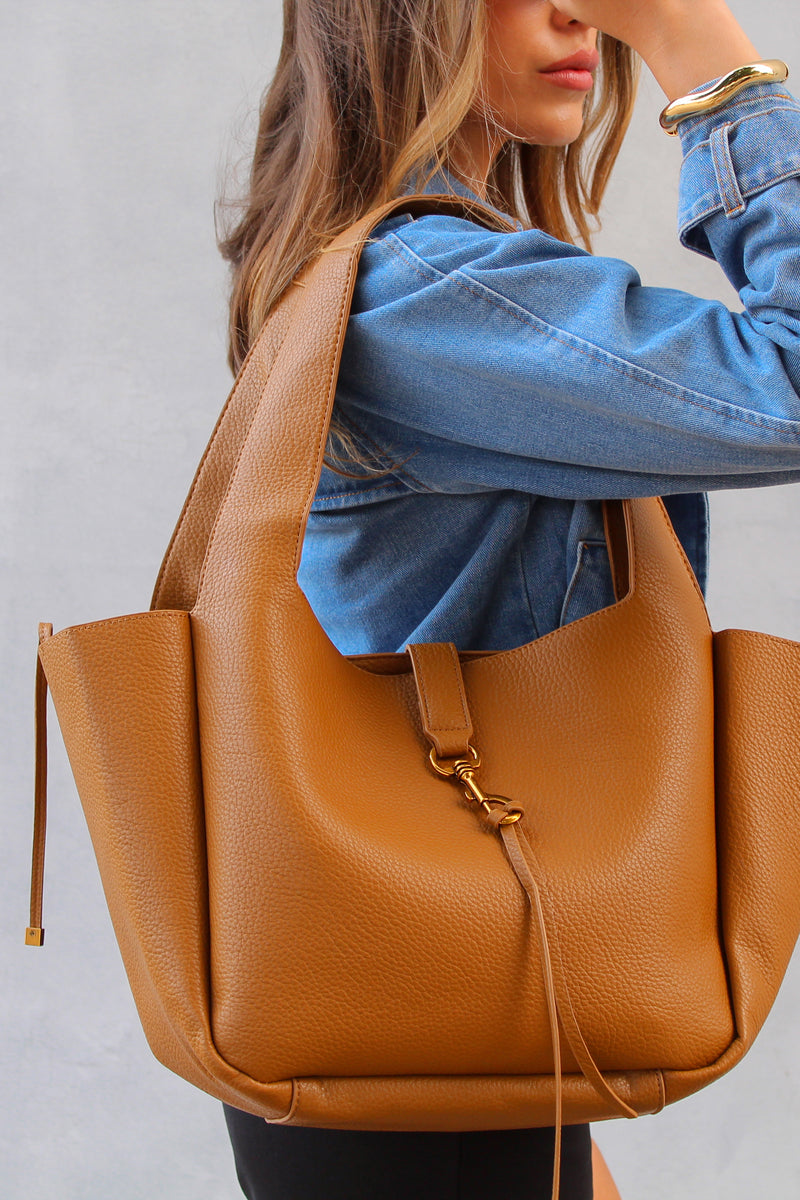 Tan Front Buckle Tote Bag