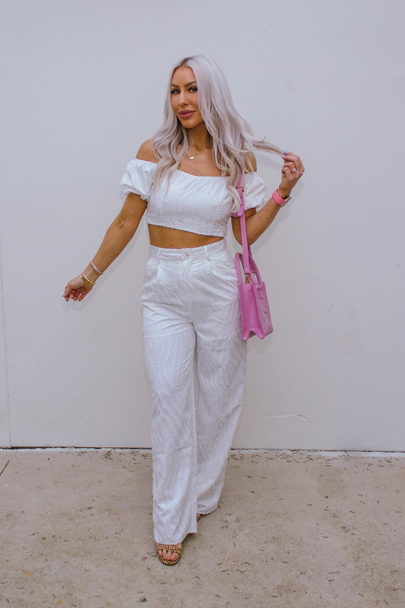 White High Waisted Textured Pants