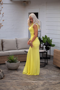 Butter Yellow Mock Neck Ruched Sheer Open Back Maxi Dress - Kendry Collection Boutique
