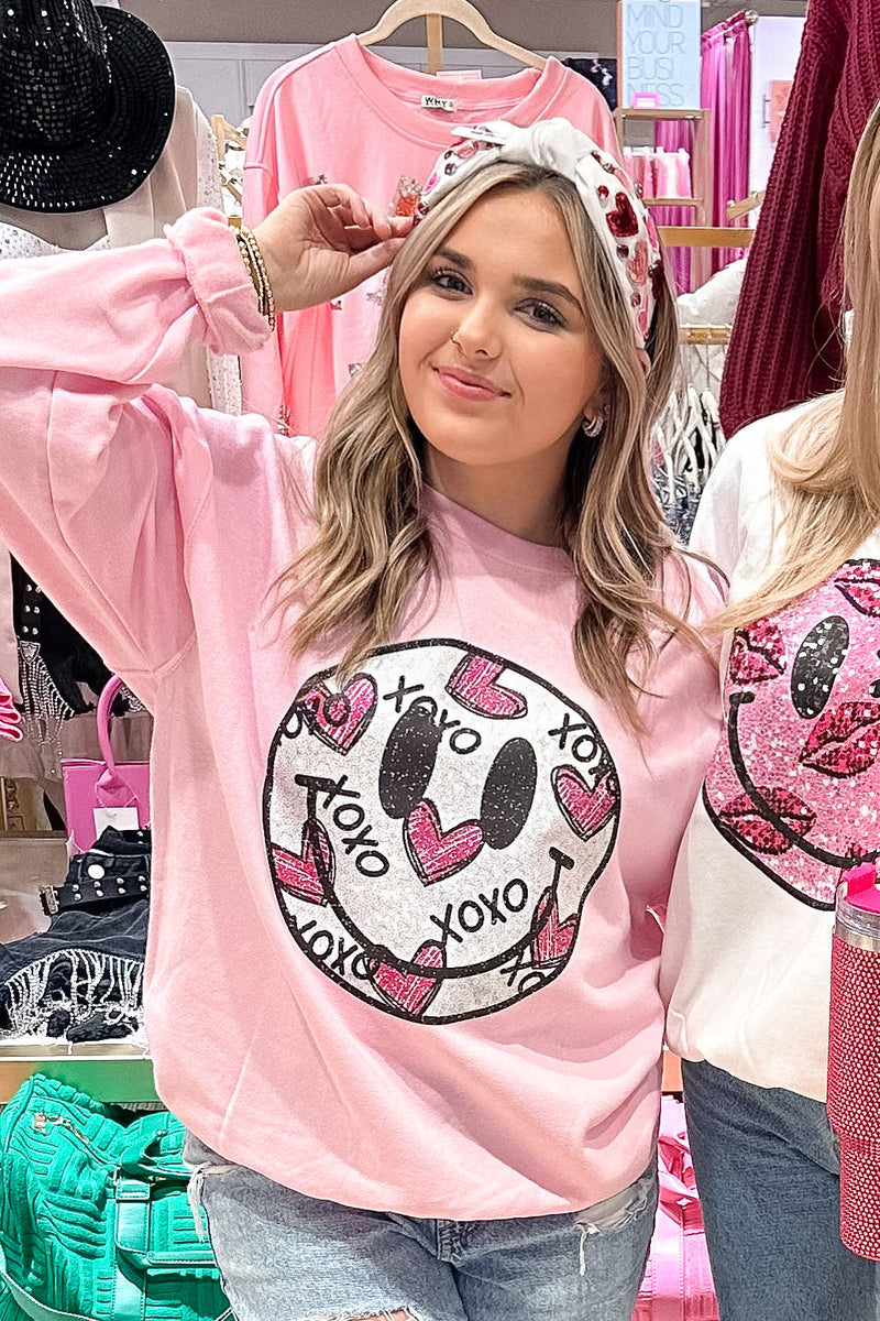 Pink Faux Sequin Smiley Face XOXO Sweatshirt