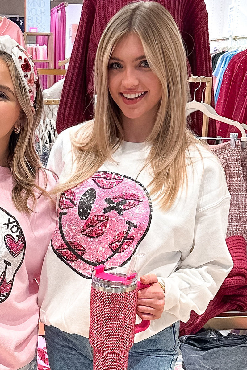 White Faux Sequin Smiley Face Kisses Sweatshirt