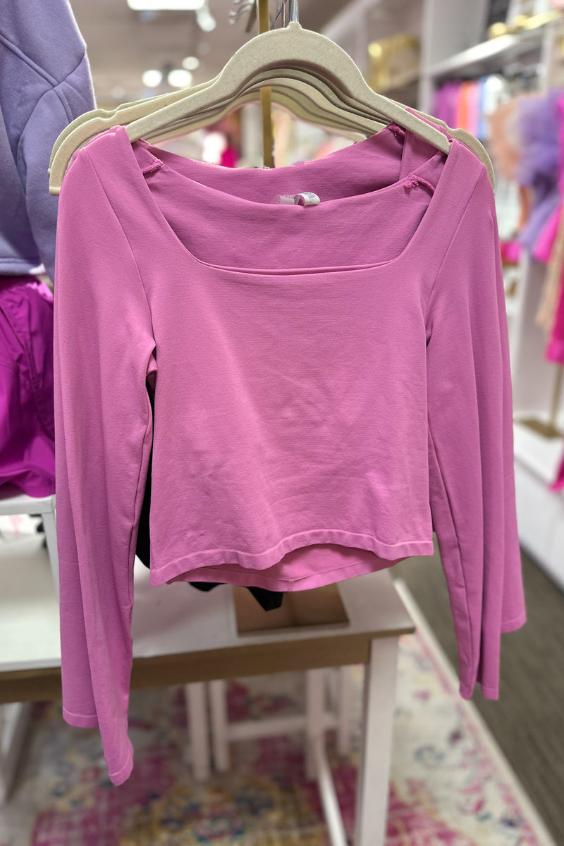 Pink Square Neck Long Sleeve Crop Top