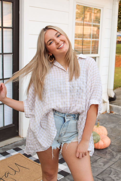 Tan Checkered Oversized Button Up Tunic Top