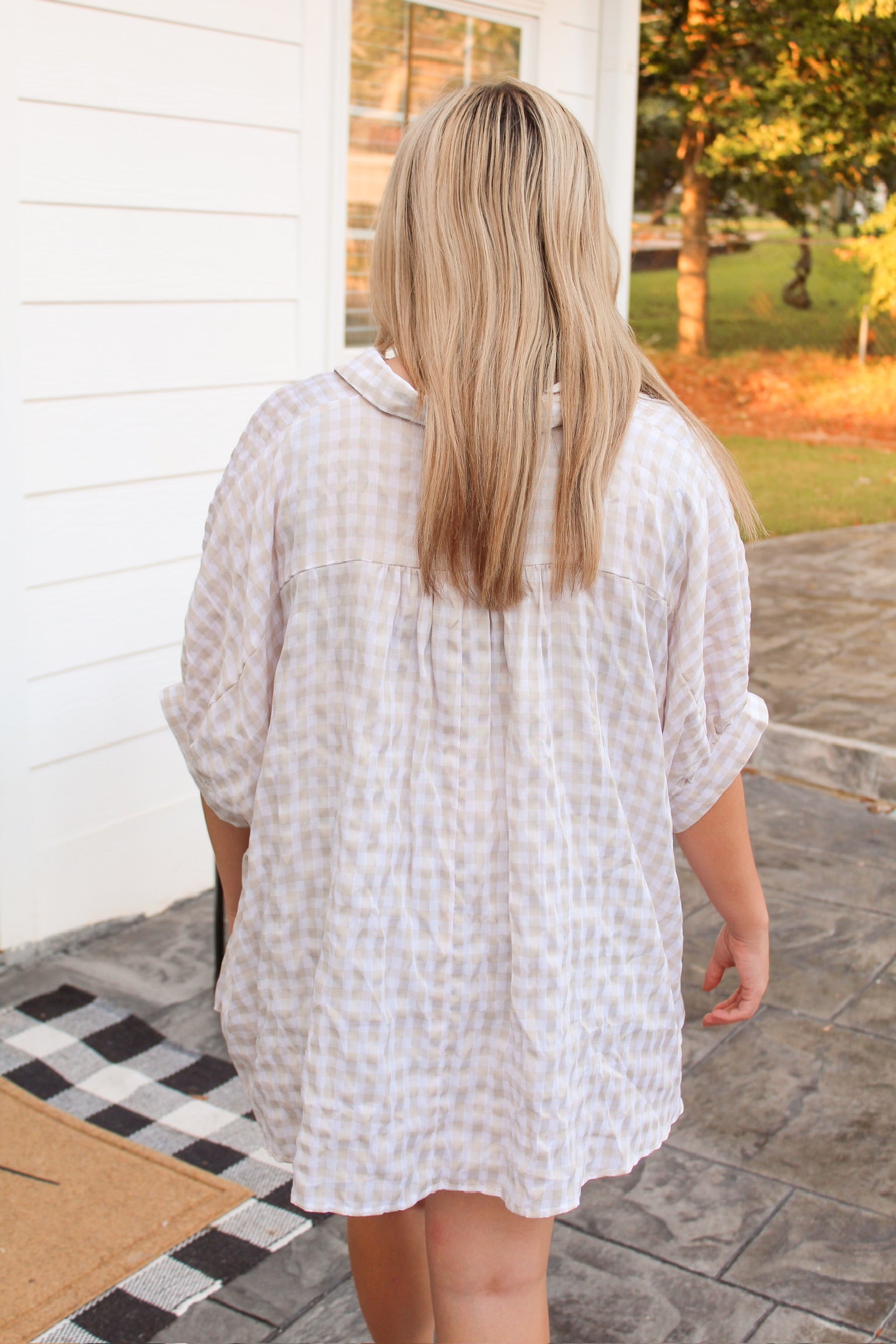 Tan Checkered Oversized Button Up Tunic Top