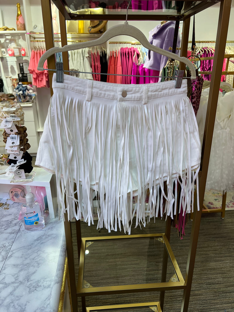 White Denim Highwaist Fringe Shorts