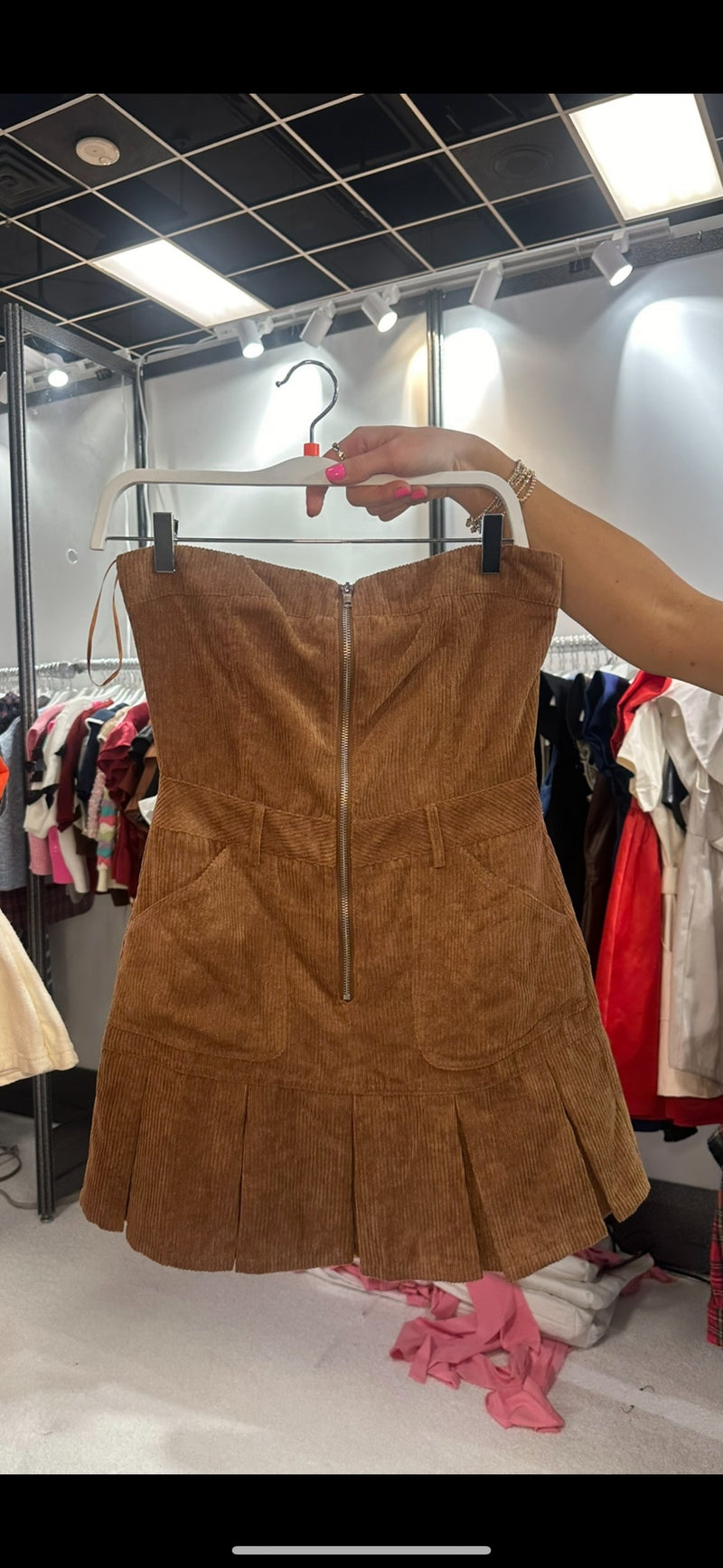 Brown Strapless Corduroy Pleated Mini Dress