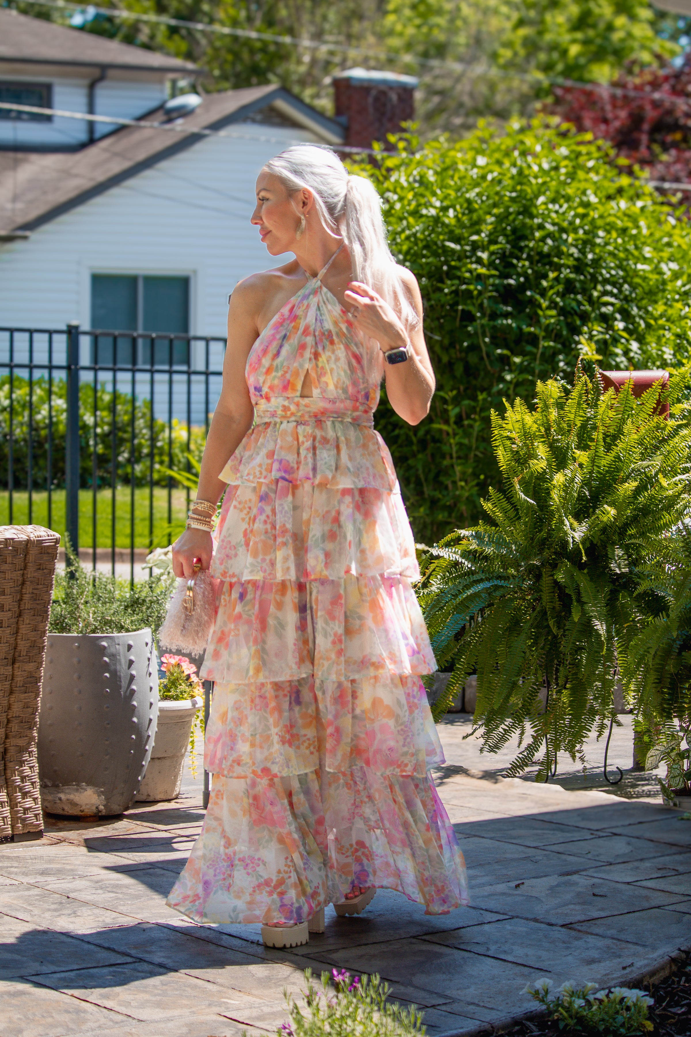 Floral Halter Neck Ruffle Maxi Dress - Main Image