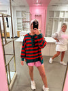 Red and Green Striped Henley Neck Knit Sweater