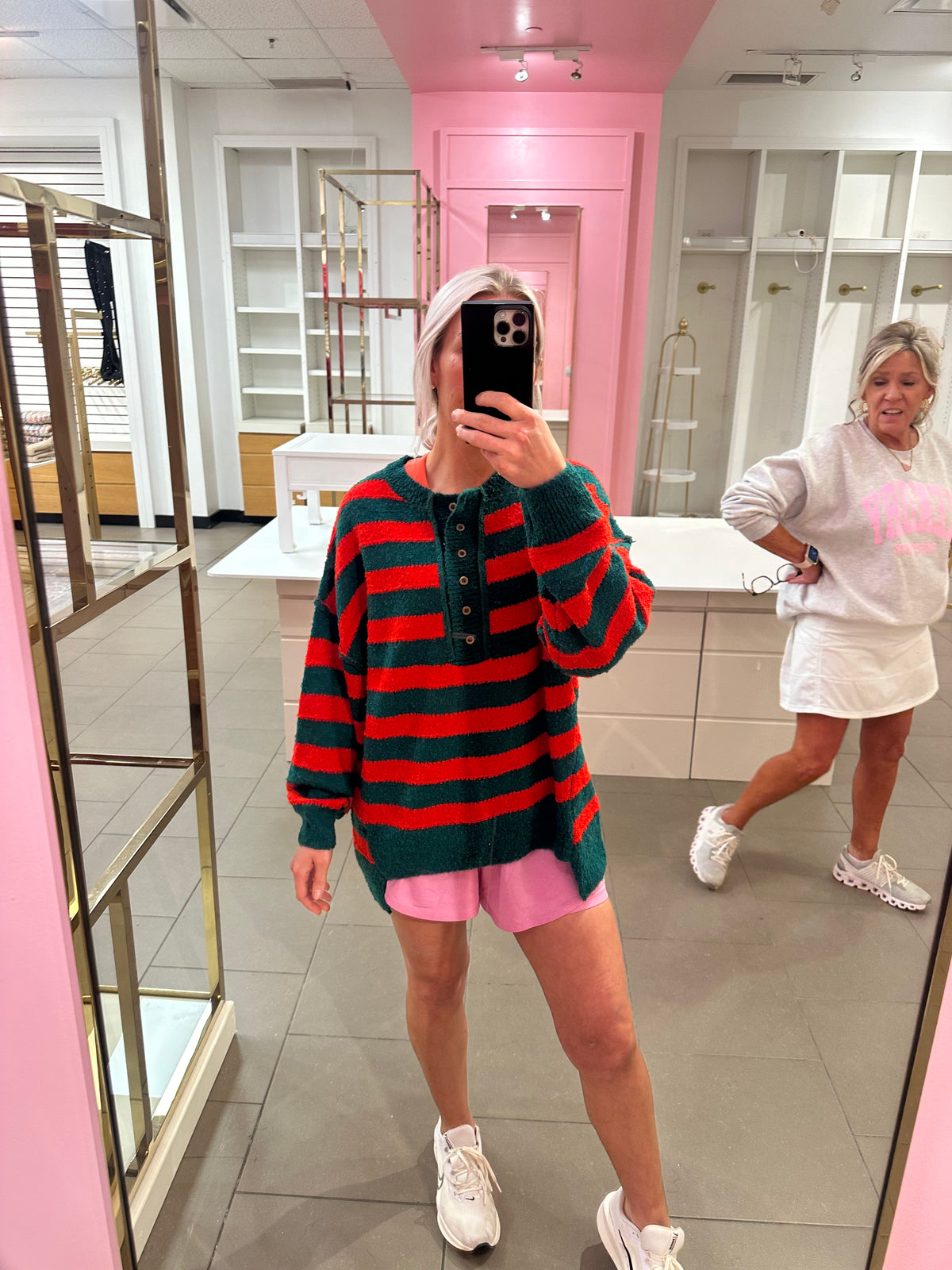Red and Green Striped Henley Neck Knit Sweater