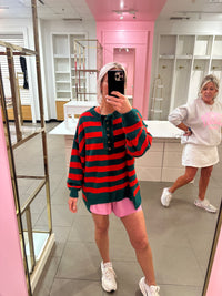 Red and Green Striped Henley Neck Knit Sweater